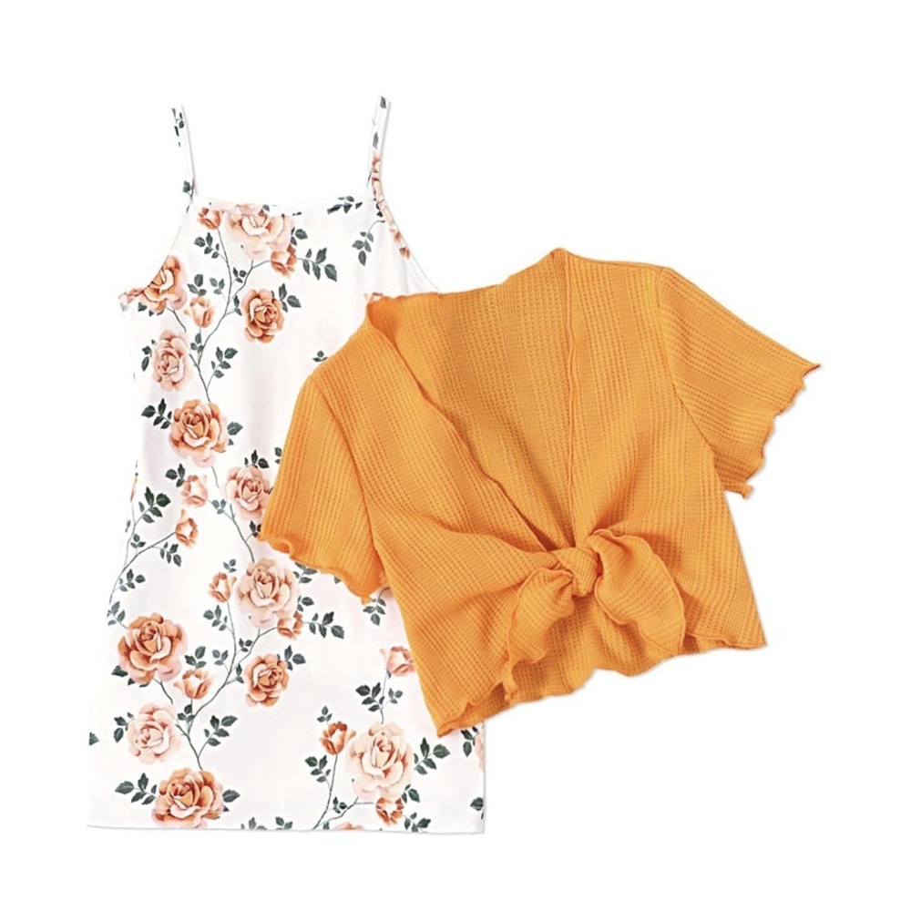 PATPAT Toddler Girl 3T 2pc Set Floral Tank Dress & Orange Waffle Cardigan NWT